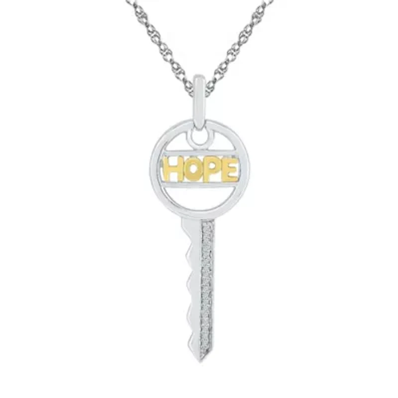 "Hope" Womens Diamond Accent Natural White Diamond 10K Gold Over Silver Keys 18 Inch Pendant Necklace