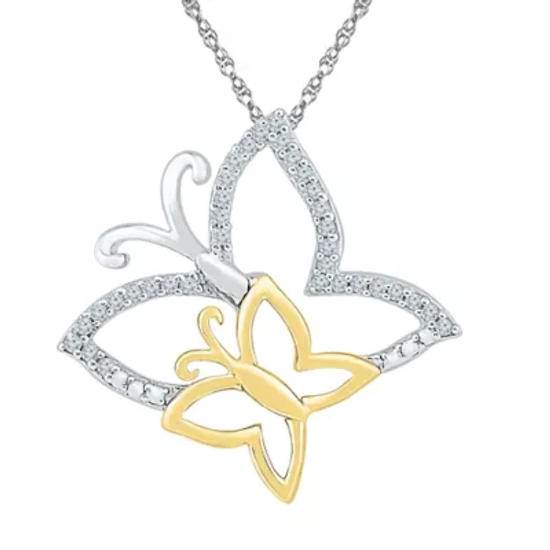 Mother And Daughter" Womens 1/10 CT. T.W. Natural White Diamond 10K Gold Over Silver Butterfly 18 Inch Pendant Necklace