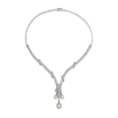 Silver Over Brass Cultured Freshwater Pearl and Cubic Zirconia Bridal Pendant Necklace