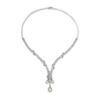 Silver Over Brass Cultured Freshwater Pearl and Cubic Zirconia Bridal Pendant Necklace