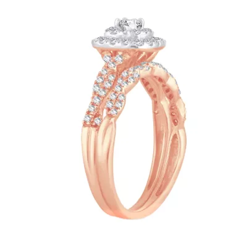 Womens 1/2 CT. T.W. Natural White Diamond 10K Gold Cushion Halo Bridal Set