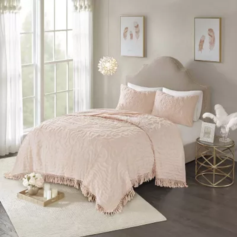 Madison Park Virginia Tufted Cotton Chenille Medallion Fringe Coverlet Set