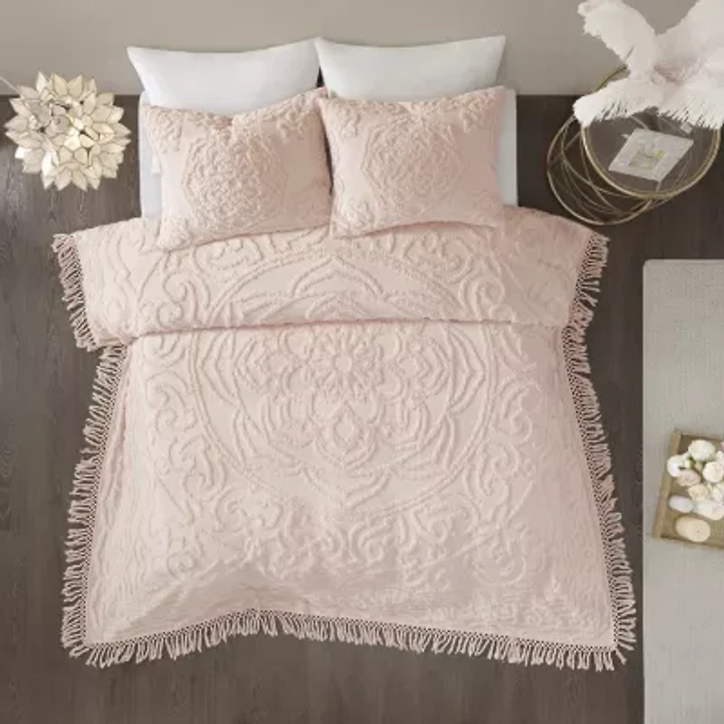 Madison Park Virginia Tufted Cotton Chenille Medallion Fringe Coverlet Set