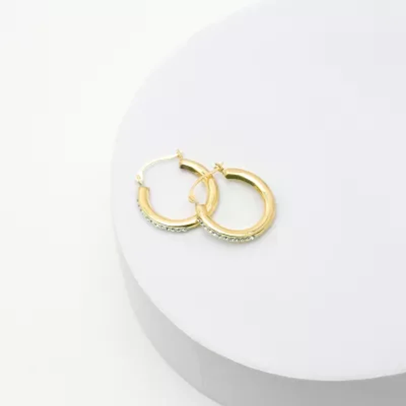 Womens White Crystal 10K Gold 18mm Round Hoop Earrings