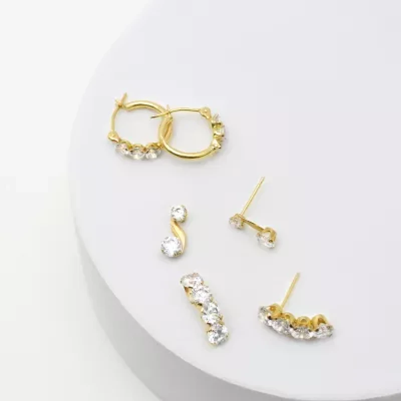 Womens 3 Pair Cubic Zirconia 14K Gold Earring Set