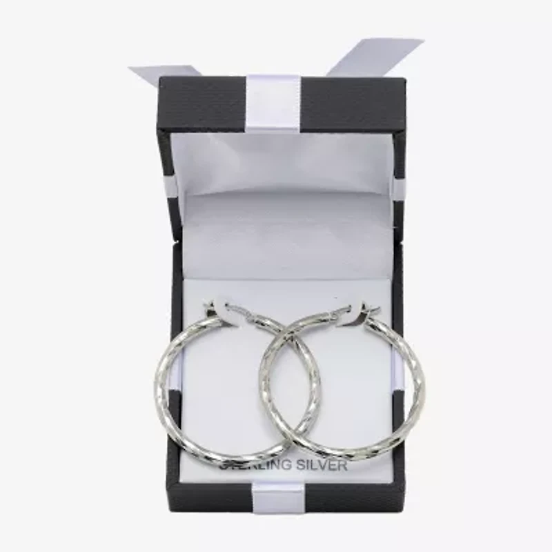 Womens Sterling Silver 40mm Round Hoop Earrings