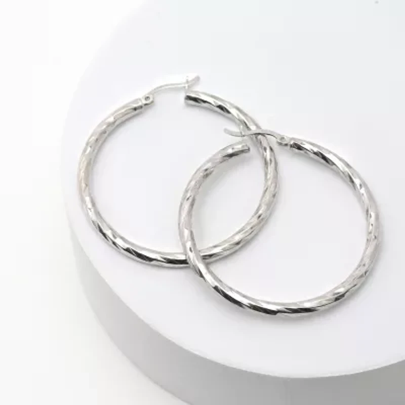 Womens Sterling Silver 40mm Round Hoop Earrings