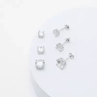 Womens Cubic Zirconia Sterling Silver Round 3 Pair Earring Set