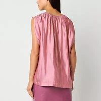 Worthington Womens Split Tie Neck Short Sleeve Blouse