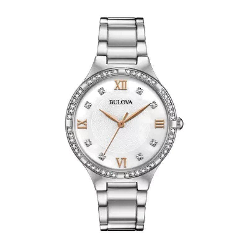 Bulova Crystal Womens Silver Tone Stainless Steel Bracelet Watch 96l264