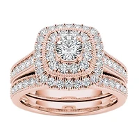 Womens 3/4 CT. T.W. Natural White Diamond 14K Gold Cushion Halo Bridal Set