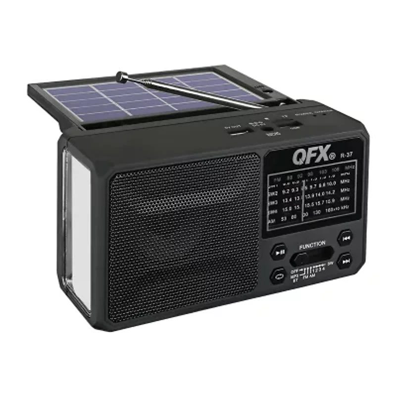 QFX AM/FM/SW Solar Radio with 2" Speaker, Rechargeable Battery, Flashlight, Carrying Strap