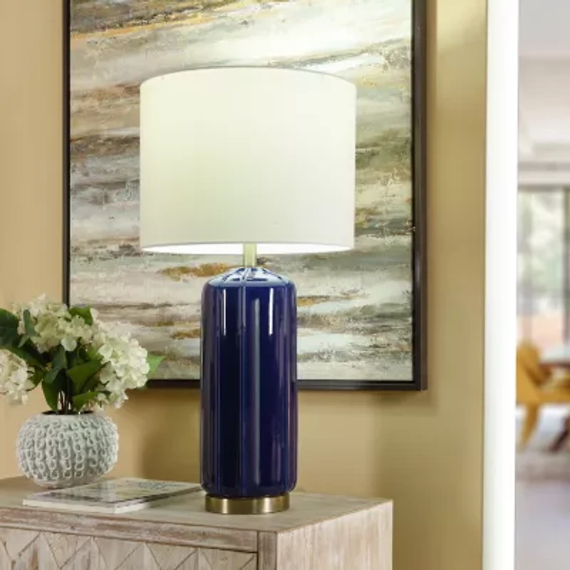 Collective Design By Stylecraft Navy Cylinder Ceramic Table Lamp