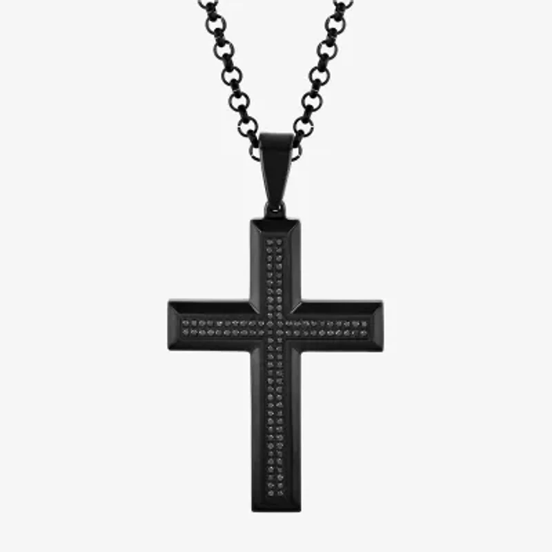 Mens 1/2 CT. T.W. Black Diamond Stainless Steel Cross 24 Inch Pendant Necklace