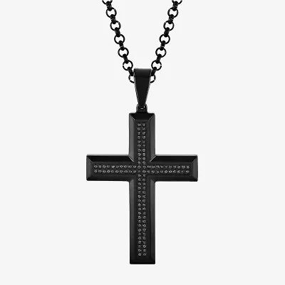 Mens 1/2 CT. T.W. Black Diamond Stainless Steel Cross 24 Inch Pendant Necklace