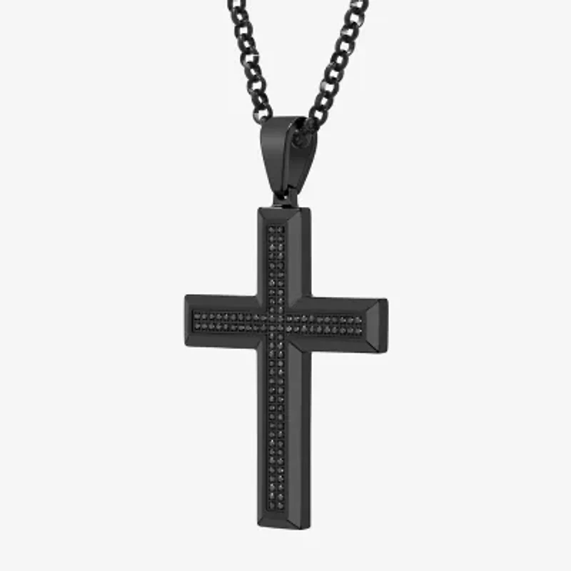 Mens 1/2 CT. T.W. Black Diamond Stainless Steel Cross 24 Inch Pendant Necklace
