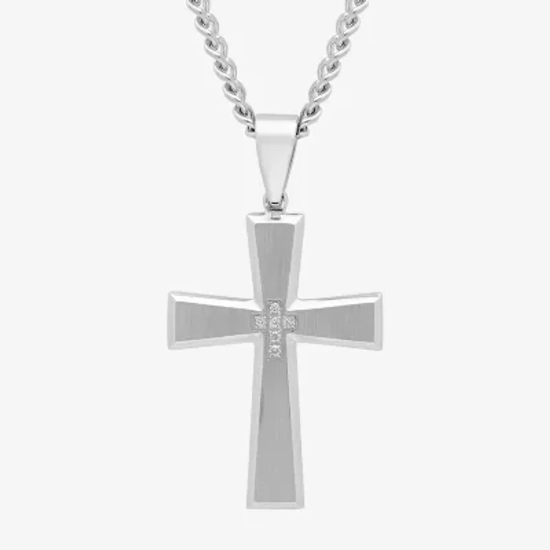 Mens Diamond-Accent Stainless Steel Cross Pendant Necklace