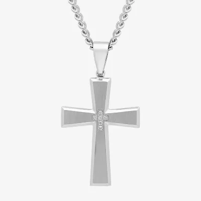 Mens Diamond-Accent Stainless Steel Cross Pendant Necklace
