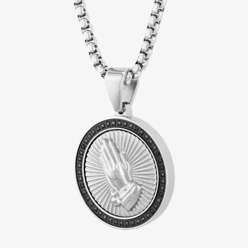 Mens 1/4 CT. T.W. Natural Diamond Stainless Steel Circle Prayer Hands Pendant Necklace