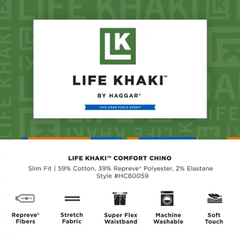 Haggar Life Khaki Chino Mens Comfort Waistband Slim Fit Flat Front Pant
