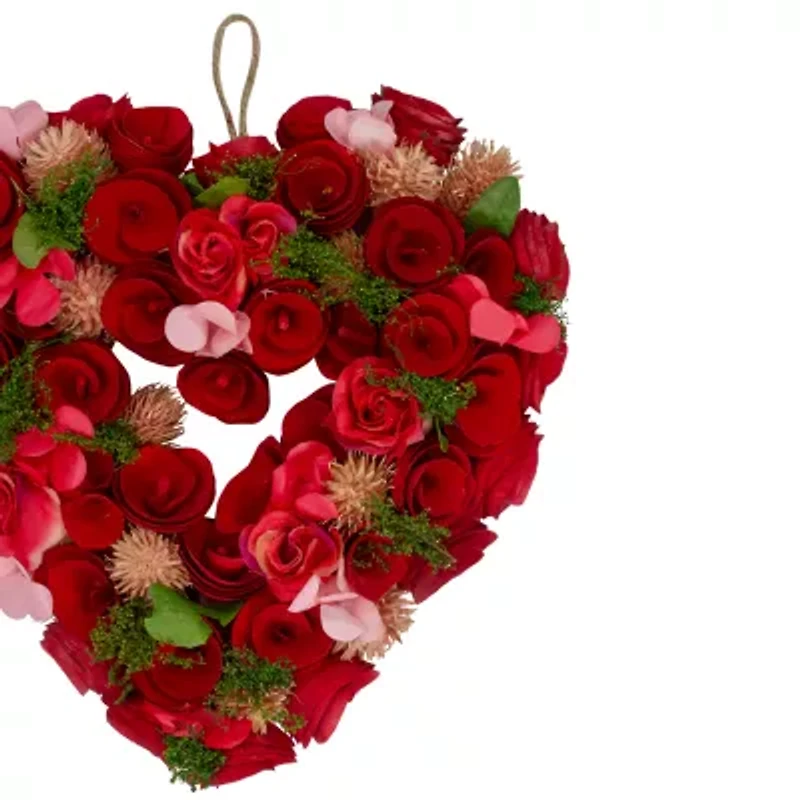 Northlight 13.5in Red And Pink Wooden Rose Valentine'S Day Artificial Spring Wreath