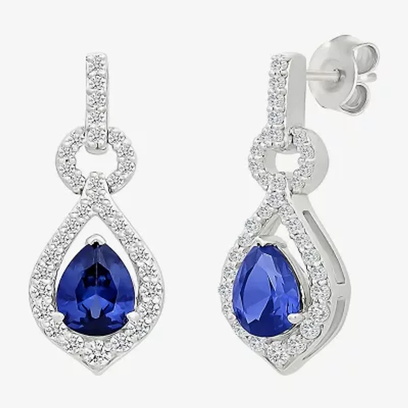 Womens Lab Created Blue Sapphire Sterling Silver Pear Drop Earrings