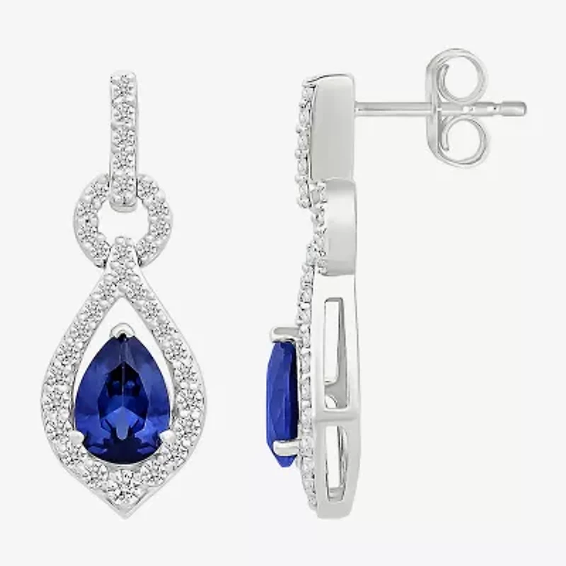 Womens Lab Created Blue Sapphire Sterling Silver Pear Drop Earrings