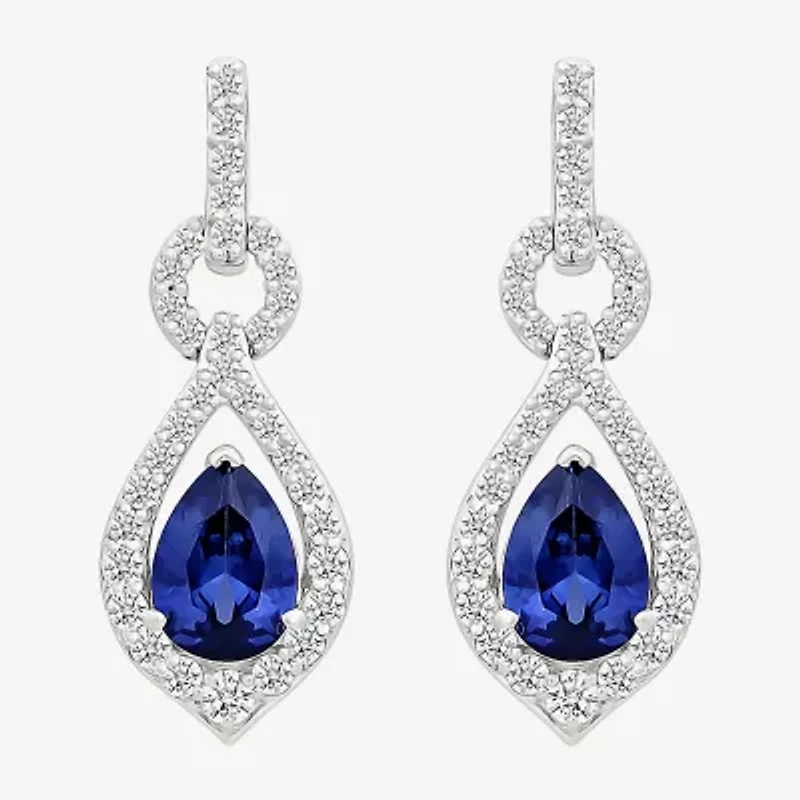 Womens Lab Created Blue Sapphire Sterling Silver Pear Drop Earrings
