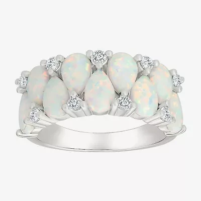 Womens 9M Lab Created White Opal Sterling Silver Band
