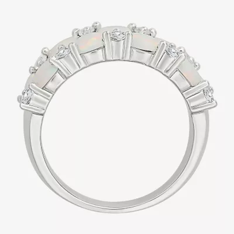 Womens 9M Lab Created White Opal Sterling Silver Band
