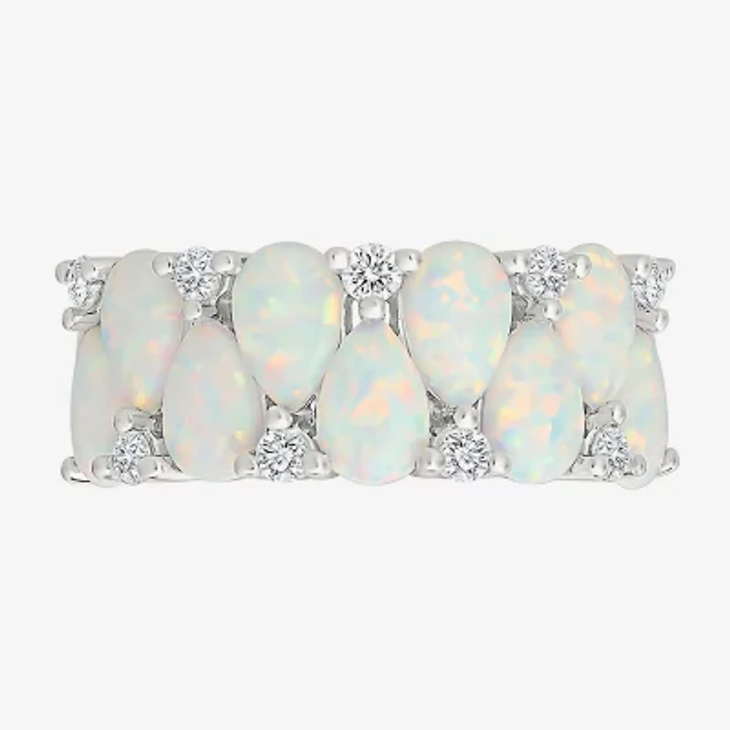 Womens 9M Lab Created White Opal Sterling Silver Band