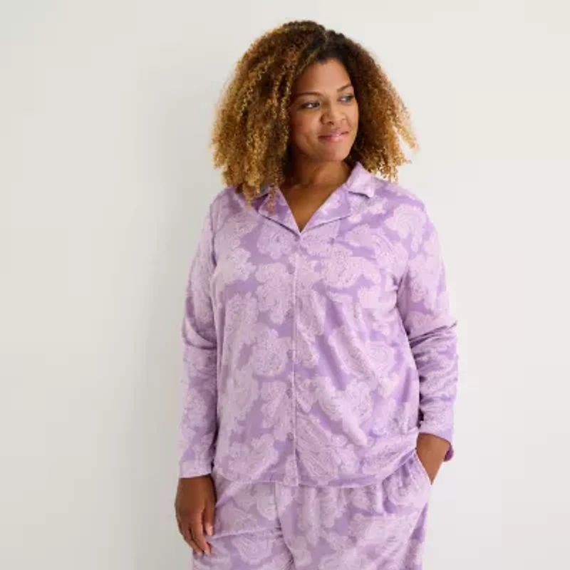 Adonna Womens Fleece Long Sleeve 2-pc. Pajama Set
