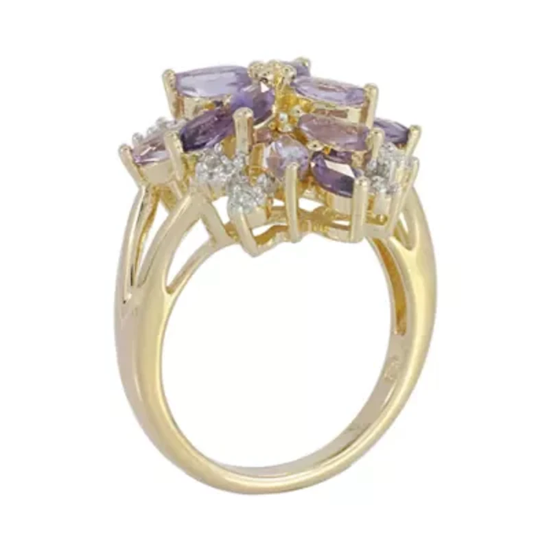14K Gold over Silver Genuine Amethyst, Pink Quartz & Lab-Created White Sapphire Flower Ring