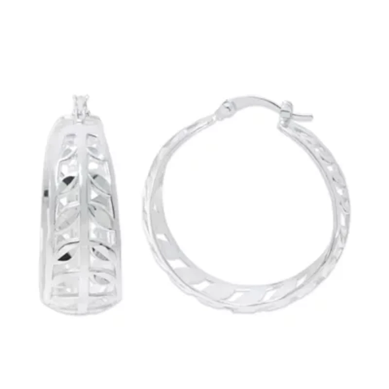 Sterling Silver Diamond-Cut Leaf Hoop Earrings