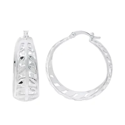Sterling Silver Diamond-Cut Leaf Hoop Earrings
