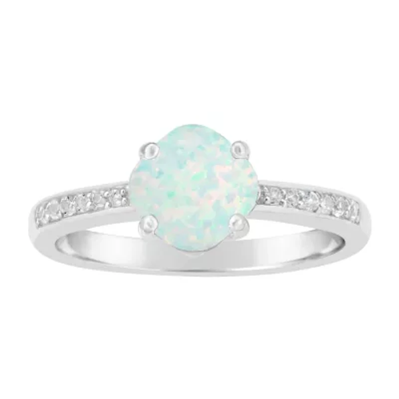 Womens Lab Created White Opal Sterling Silver Cushion Halo Side Stone Cocktail Ring