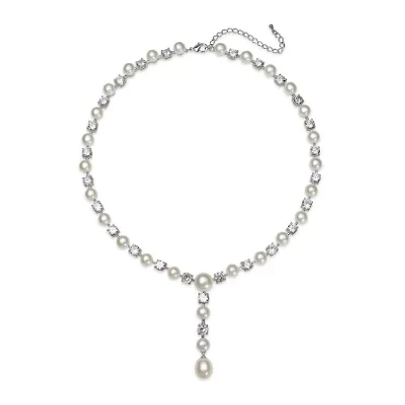 Silver Over Brass Cultured Freshwater Pearl and Cubic Zirconia Bridal Pendant Necklace