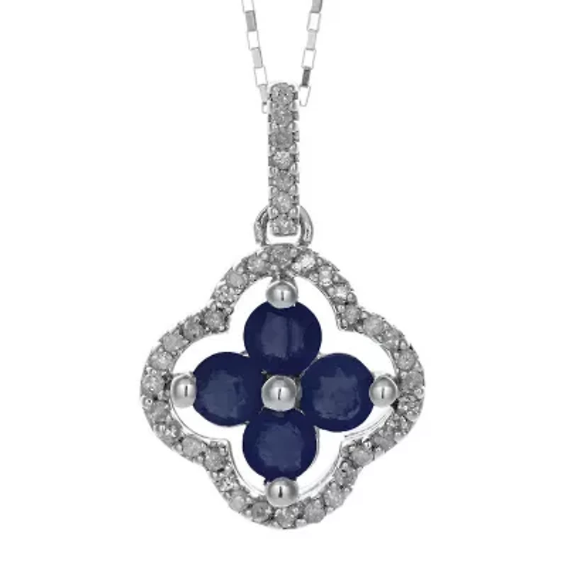 1/8 CT. T.W. Diamond and Genuine Sapphire 10K White Gold Flower Pendant Necklace