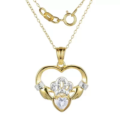 Heart-Shaped Genuine White Topaz and Diamond-Accent Claddagh Pendant Necklace