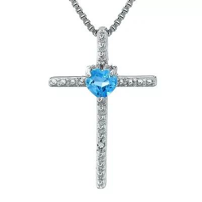 Genuine Blue Topaz and Diamond-Accent Sterling Silver Cross and Heart Pendant Necklace