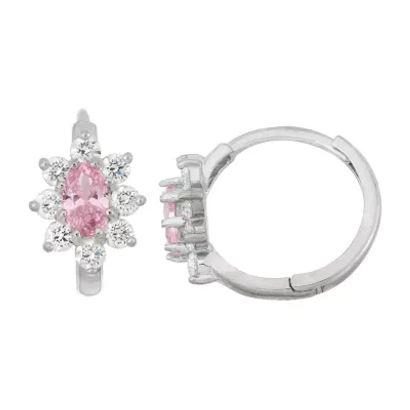 Girls Pink Cubic Zirconia Sterling Silver 12.6mm Hoop Earrings