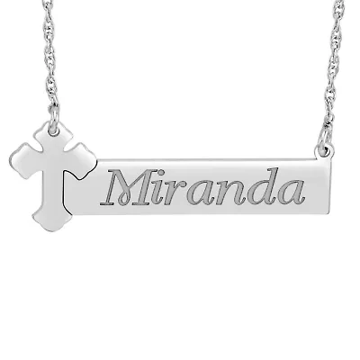 Personalized Womens Sterling Silver Cross Bar Name Pendant Necklace