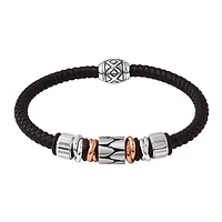 Mens Stainless Steel and Black Leather Bracelet