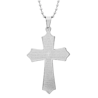 Steeltime Lord's Prayer Mens Stainless Steel Cross Pendant Necklace