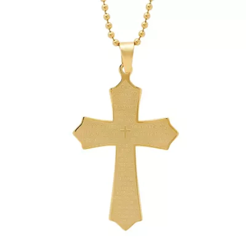 Steeltime Lord'S Prayer Mens 18K Gold Stainless Steel Cross 24 Inch Pendant Necklace