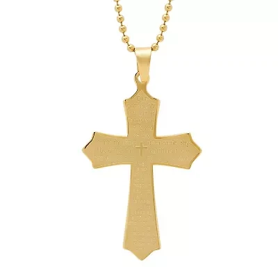 Steeltime Lord'S Prayer Mens 18K Gold Stainless Steel Cross 24 Inch Pendant Necklace