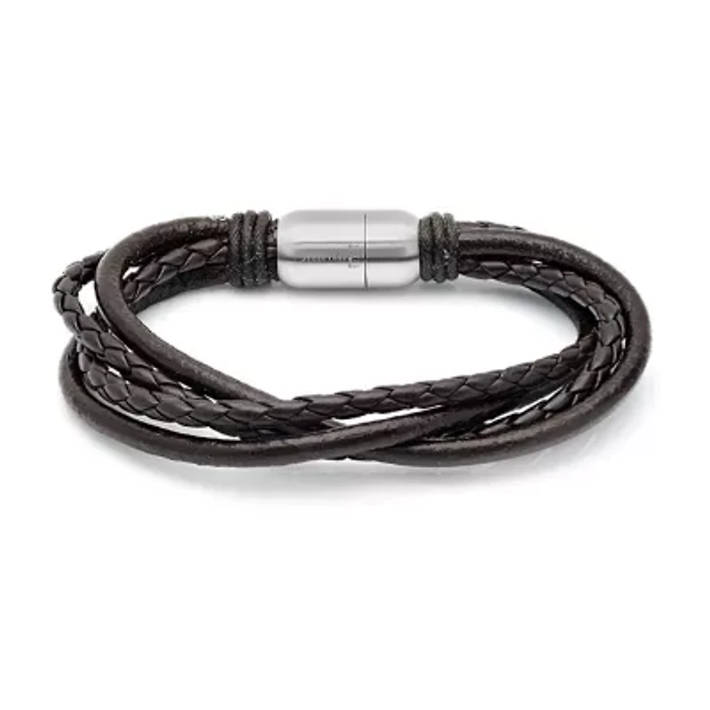 Steeltime Braided Leather Mens Stainless Steel Wrap Bracelet
