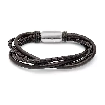 Steeltime Braided Leather Mens Stainless Steel Wrap Bracelet