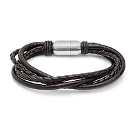 Steeltime Braided Leather Mens Stainless Steel Wrap Bracelet