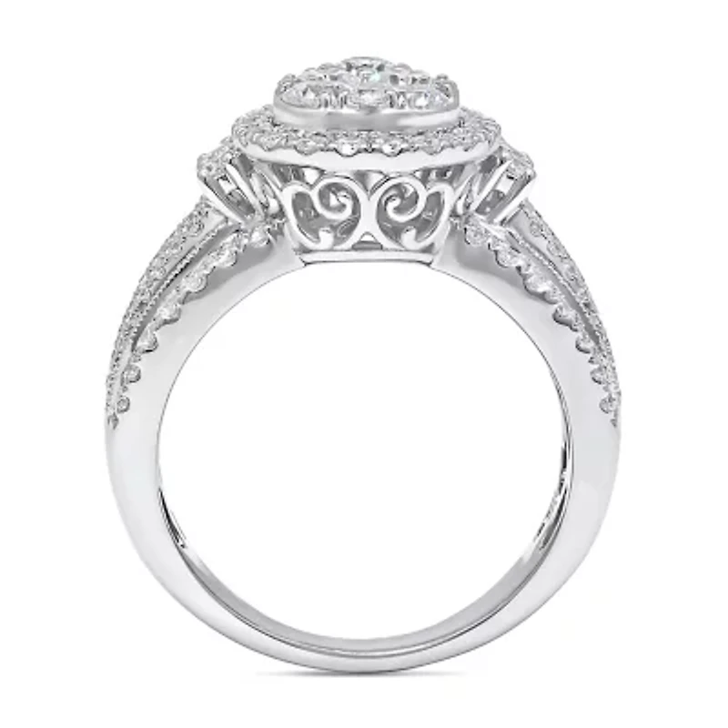 2 CT.T.W. Natural Diamond Pear Shape Side Stone Halo Engagement Ring 10K or 14K White Gold